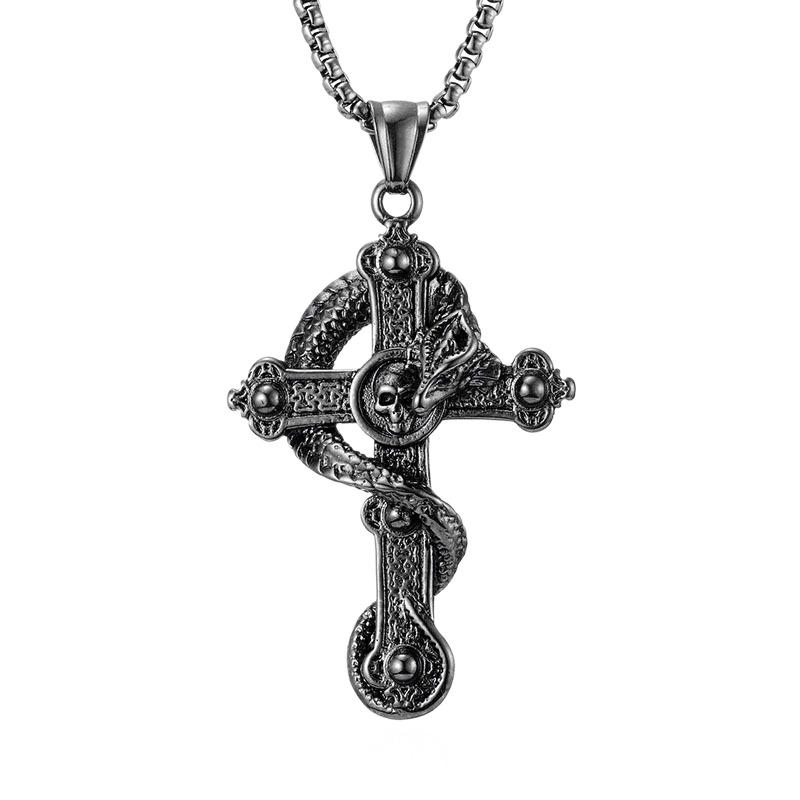 Retro Unisex Titanium Steel Divine Dragon Cross Pendant Necklace