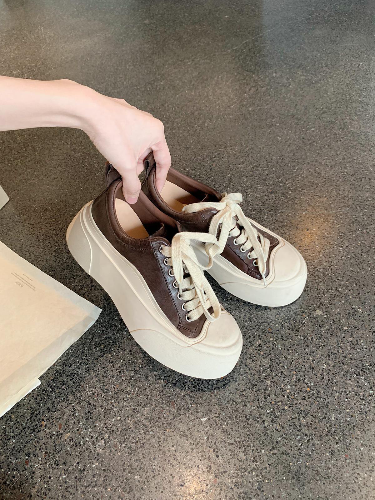 

5.5CM height increase versatile round head front lace-up casual shoes horse leather sports board shoes thick sole old white shoes women 40 чёрный