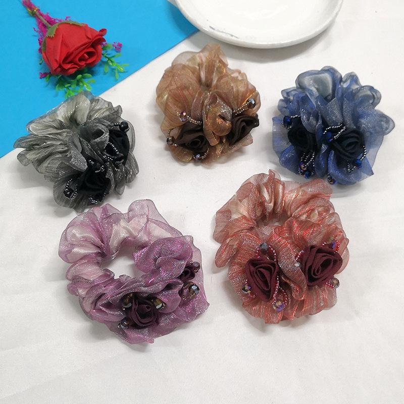 Korean Style Double Flower Colorful Scrunchies – Fashionable Hair Ties & Ponytail Holders for Women