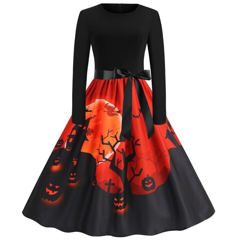 

Real Spot Explosion Halloween Print Splicing Long-Sleeved Pendulum Dress 3XL