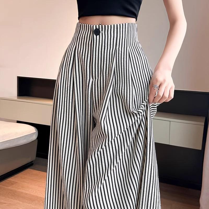 Women's Lightweight Summer Relaxed-Fit High-Waisted Striped Wide-Leg Pants: Ice-Silk Cotton-Linen Suit-Style Commuter Pants