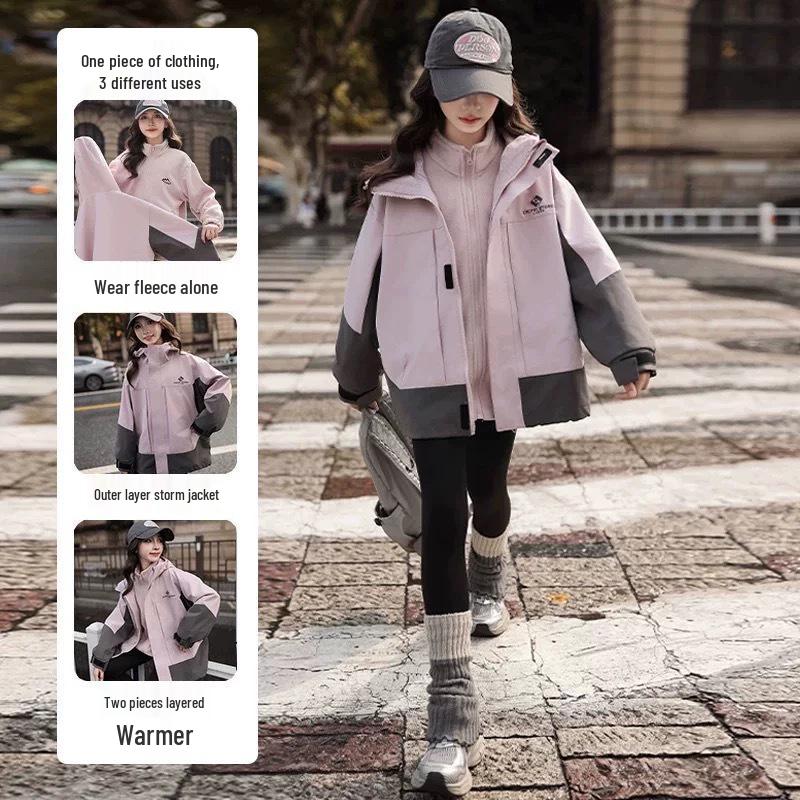 Girls' Fleece-Lined 3-in-1 Detachable Windbreaker Jacket, 2024 Autumn/Winter Style, Big Child Outdoor Thickened Coat.