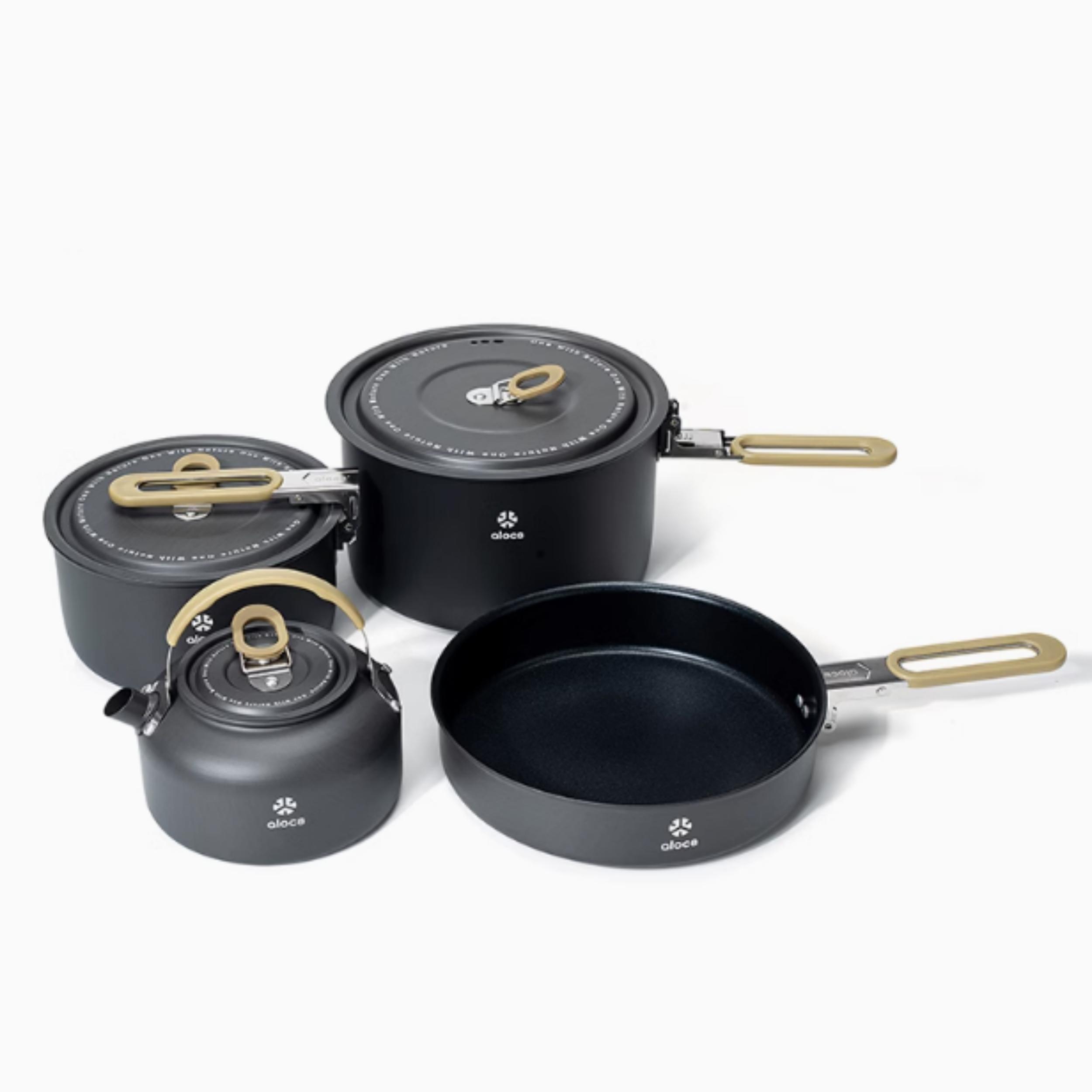 

Alocs Outdoor Camping Set из четырех кастрюль и сковородок, полный набор походных кастрюль и сковородок, чайник для кипячения four-piece темно серый