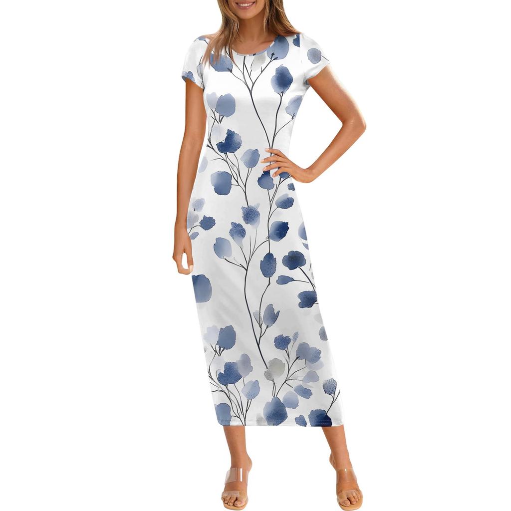 Damenmode Lässiger Druck Rundhals Kurzarm Langes Kleid