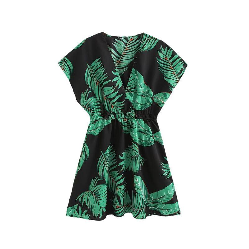 

Kaslead New Arrival Women s Clothing Fashion Wind Fashion Casual Minimalist Leaves Print Short Slimming Dress Green L