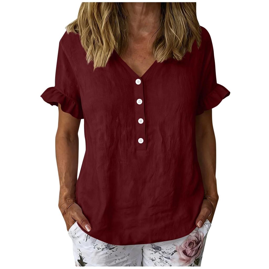Women’s Casual Button Front Ruffle Sleeve Shirt Loose Fit Cotton Linen Blouse Relaxed Fit V Neck Top for Daily Wear