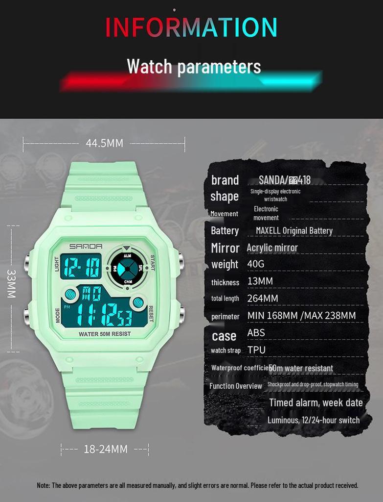 Sanda Men's Trendy Luminous Waterproof Square Digital Sports Watch