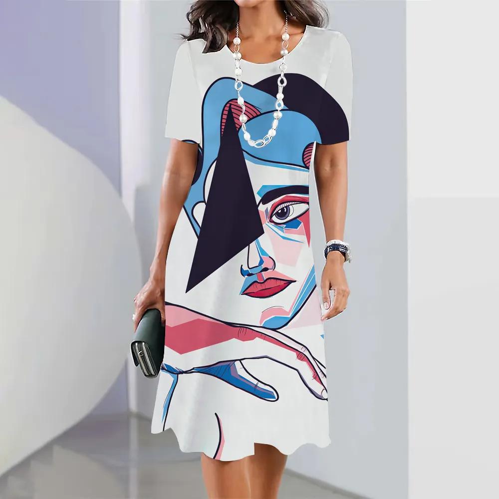 2026 New Summer Fashion Women's Short-sleeved Loose Dress Ladies Holiday Casual Loose Round Neck Dress 3d Facial Printing Clothes