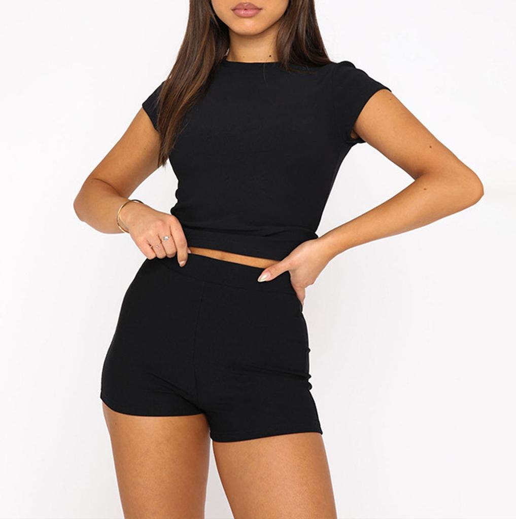 Damenmode Einfarbig Kurzarm Top Kurze Hosen Set Set Sport Sets