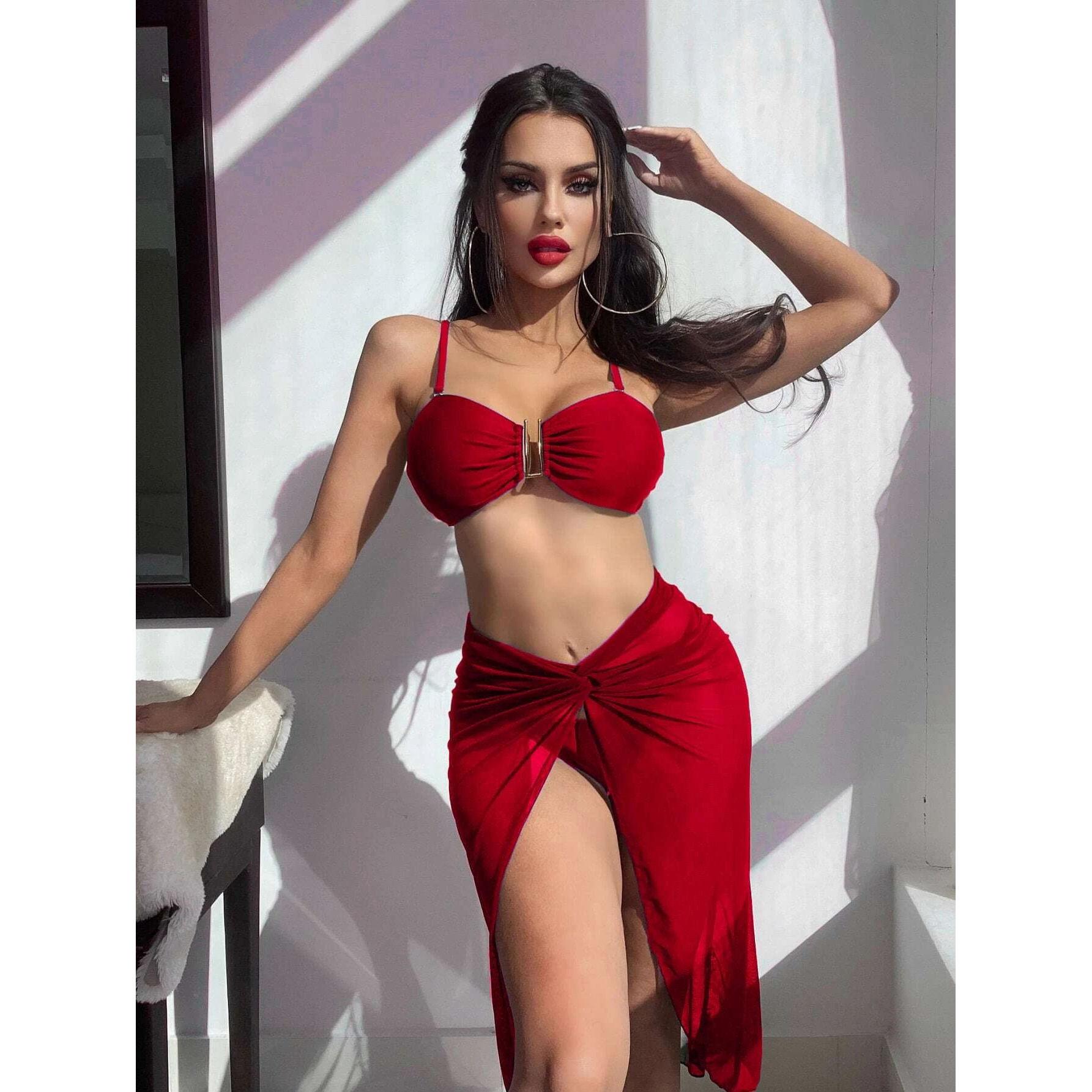 

Women s Split Three Piece Set Mesh Solid Color Mesh Red Sexy Dress Bikini Suit EMA L красный
