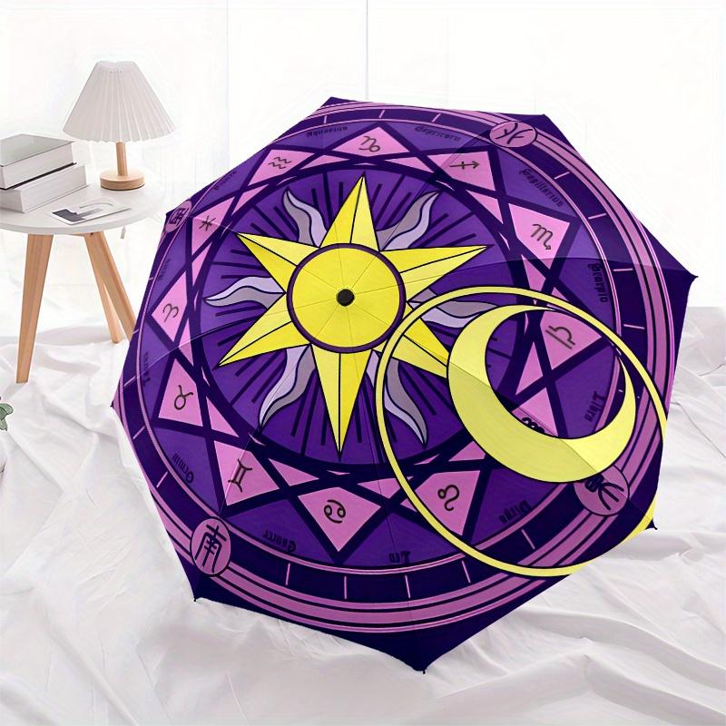 Zodiac Sonnen- und Mondsymbol AufkleberRegenschirm, Tragbarer 3-Fach-Regenschirm für Damen & Herren, Weihnachtsgeschenk ES304
