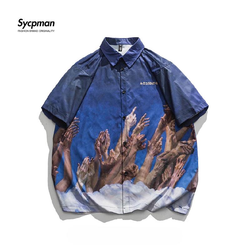 

Sycpman американский стиль ретро креативные рубашки с короткими рукавами с принтом для мужчин летние пляжные свободные повседневные рубашки топы