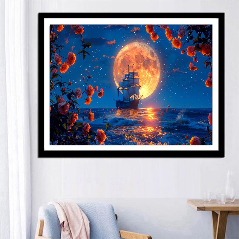 5d DIY Diamond Painting Cross Stitch Moon Sailboat Night View Diamond Embroidery Mosaic Full Round Drill Home Decor