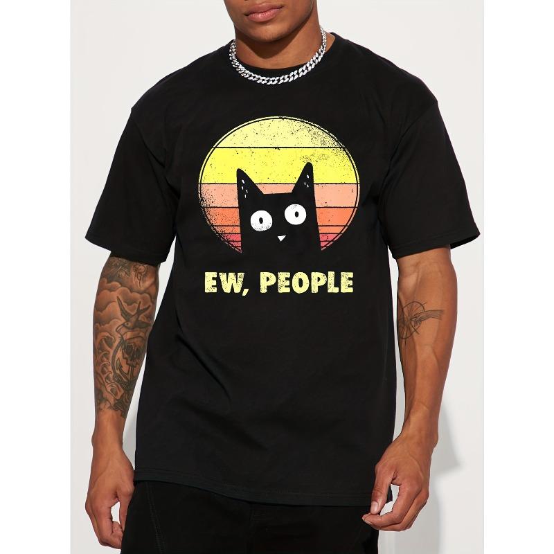 European sizes Men's Casual Trendy Black Cat Print T-shirt, Short Sleeve Crew Neck Hip Hop Style Tees For Summer Holiday Gift