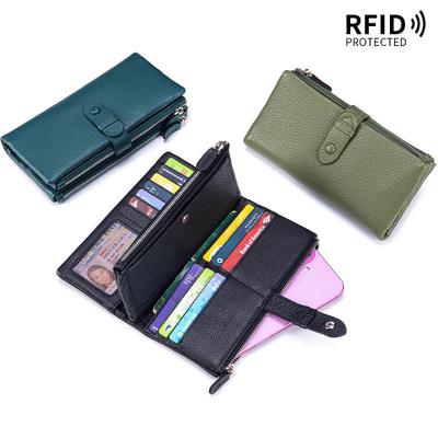 Leather Long Clutch Bag Soft Leather Multifunctional RFID Wallet Large Capacity Mobile Phone Bag Multi-card Position Removable Card Bag