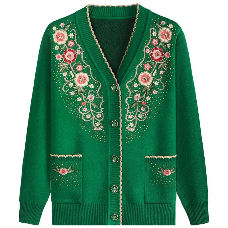 Damen Frühling Herbst Lässig V-Ausschnitt Langarm Jacke Damen Strickpullover Mittelalterlich und Älter Elegant Strickjacke Jacke