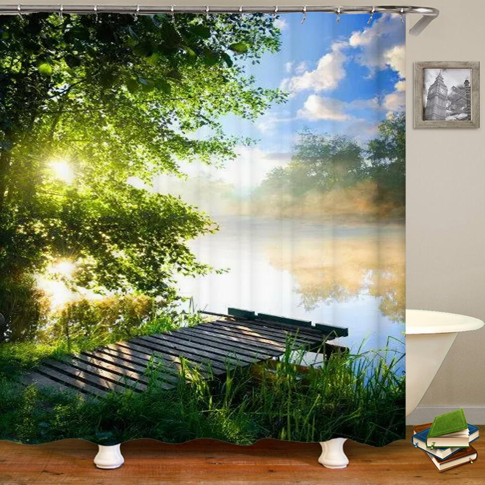 Modern 3D Printing Forest Shower Curtain Green Plant Tree Landscape Bath Curtain With Hooks For Bathroom Waterproof Scenery