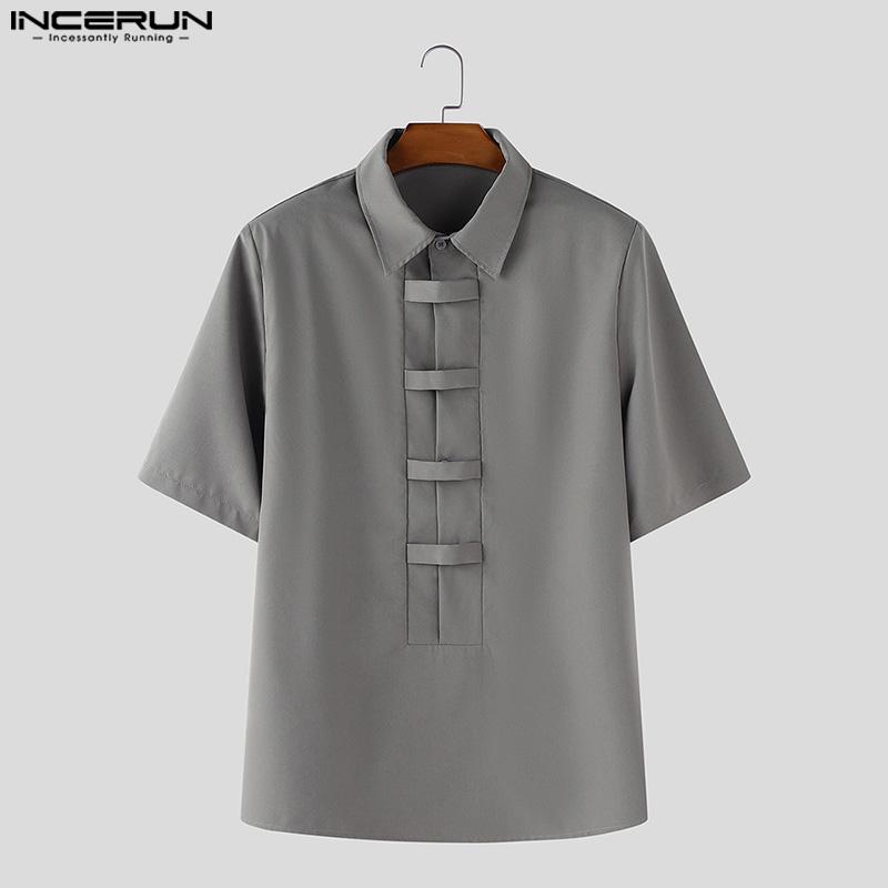 INCERUN Oversized Men Lapel Neck Short Sleeve Buttons Solid Casual Loose Shirts