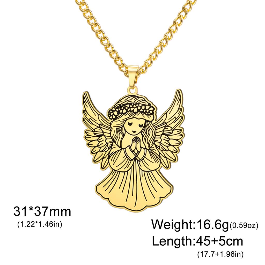 Gold Plated Praying Angel Necklace for Women Stainless Steel Guardian Angel Pendant Necklace Spiritual Religious Jewelry Gift