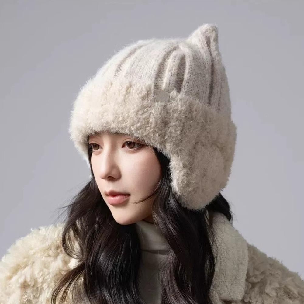 Ribbed Knit Knit Earflap Beanie Plush Lining Cat Ear Beanie New Plush Lined Hat For Children
