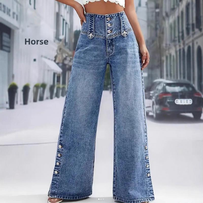 2026 Spring/Summer New Women's Denim Pants with Split Hem, High Waist, Vintage Buttoned Wide-Leg Jeans