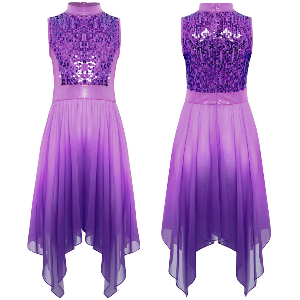 Girls Liturgical Dance Dress - Sleeveless Mock Neck Tunic with Asymmetrical Hem & Shiny Sequins for Worship Performance