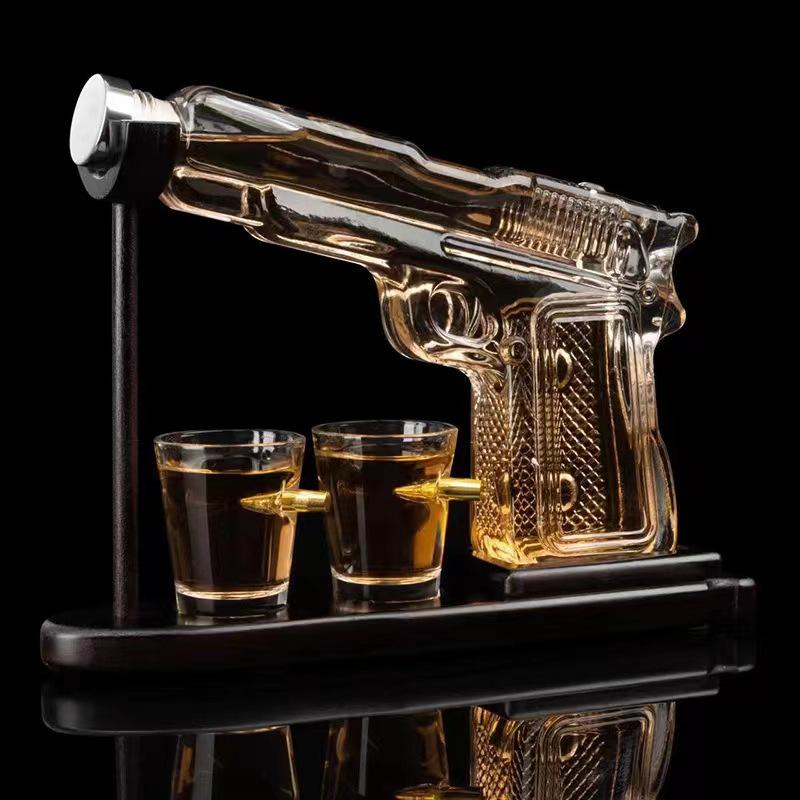 Gun-Shaped Glass Whiskey Decanter and Dispenser Set
