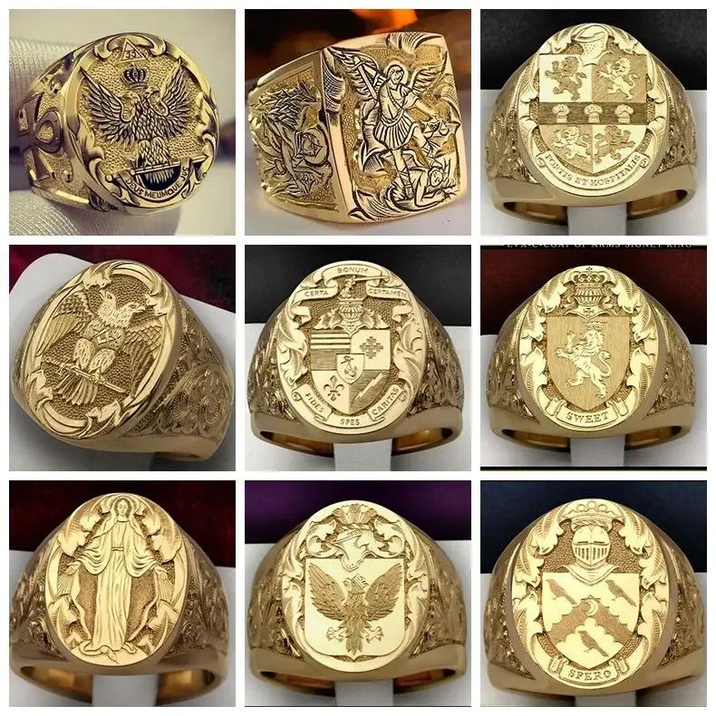 Anneaux Signets Sucrés Plaqués Or de Luxe avec Blason Gravé pour Hommes Femmes Hip Hop Fête de Danse Style Couronne Bijoux Cadeau