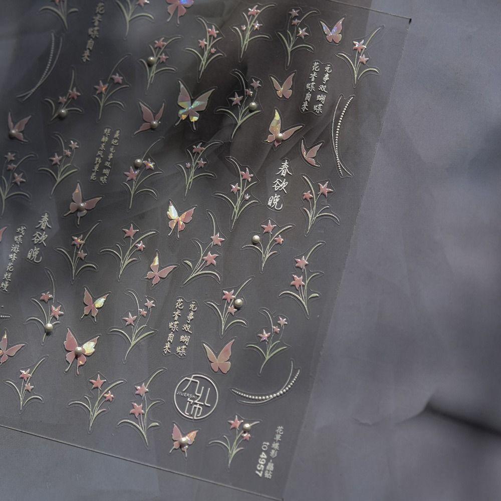 Pearl Inlay Pink Butterfly 3D Relief Nail Stickers DIY Manicure White Flower with Rehinstone Self Adhesive Decal Charm