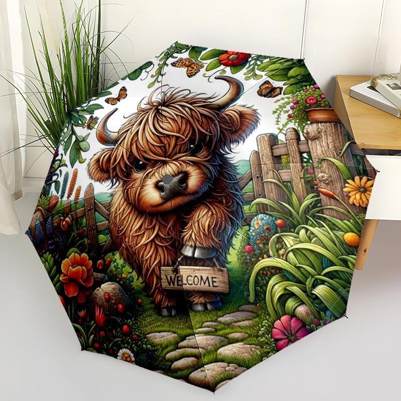 Cute Highland Cow Folding Umbrella Fashion Auto-Open Design 8 Iron Ribs Plastic Handle Foldable Sunshade Perfect Christmas Gifts