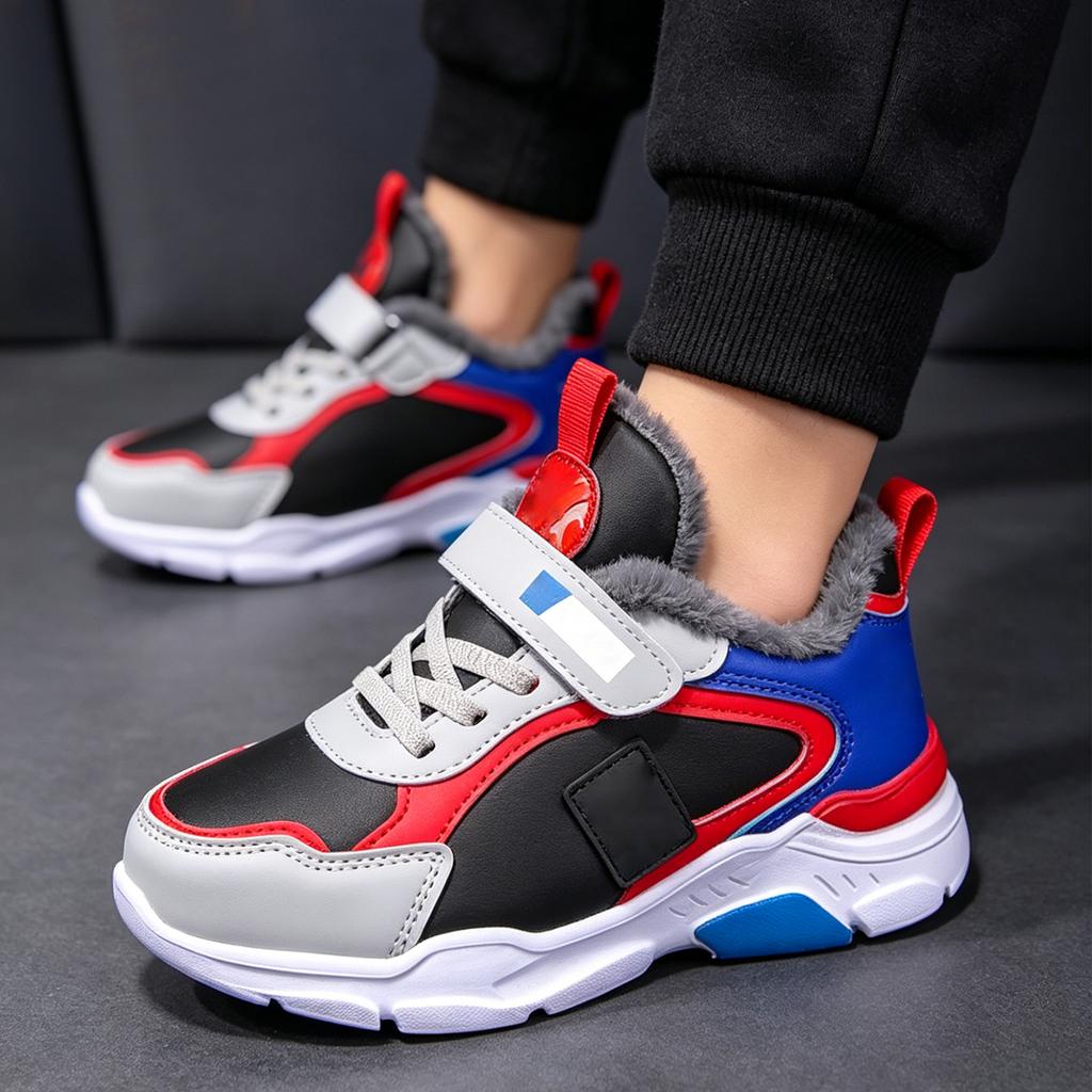 Children's Faux Leather Running Shoes with Plush Lining Durable Sole Lightweight Design Adjustable Strap for Active Kids Outdoor Use