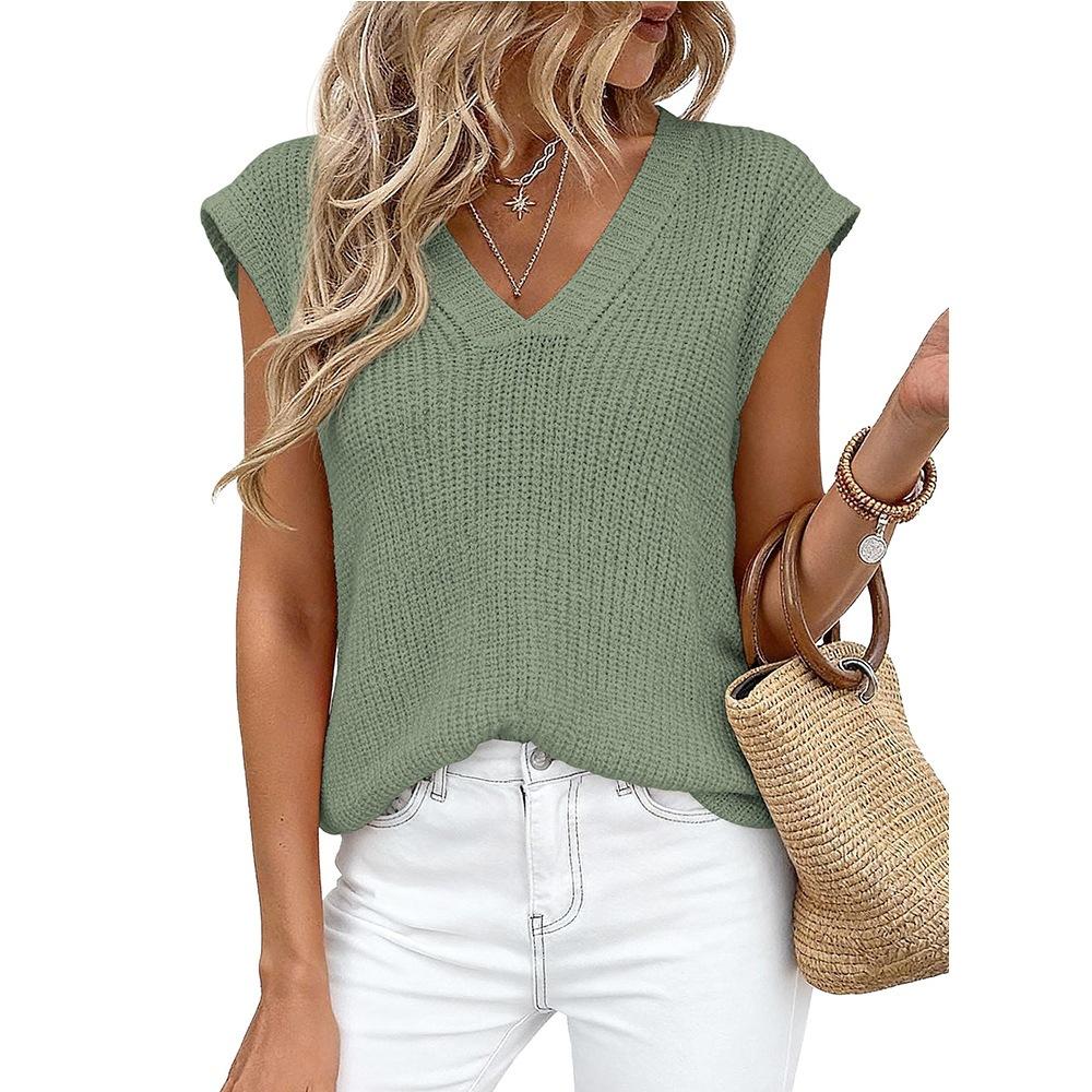 2026 New European American Women V‑Neck Sleeveless Knit Top Loose Casual Thick Knit Pullover Sweater Vest For Summer