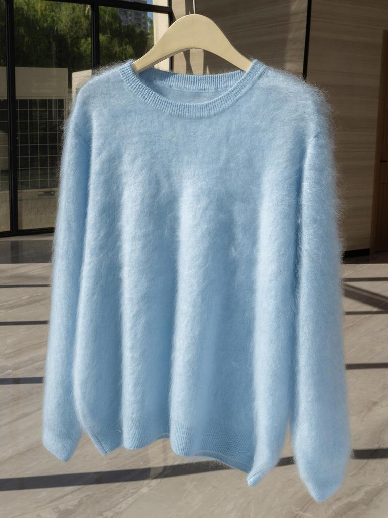 Women's 100% Pure Goat Cashmere Flocked Round Neck Sweater - Long Sleeve Solid Color Pullover