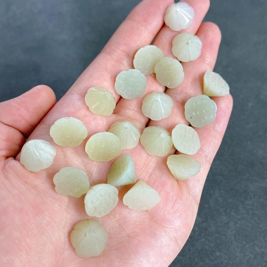Natural Hetian Jade Four Seasons Beads & Bat Wushi Pai Lotus Seed Prayer Bracelet Pendant DIY Accessory