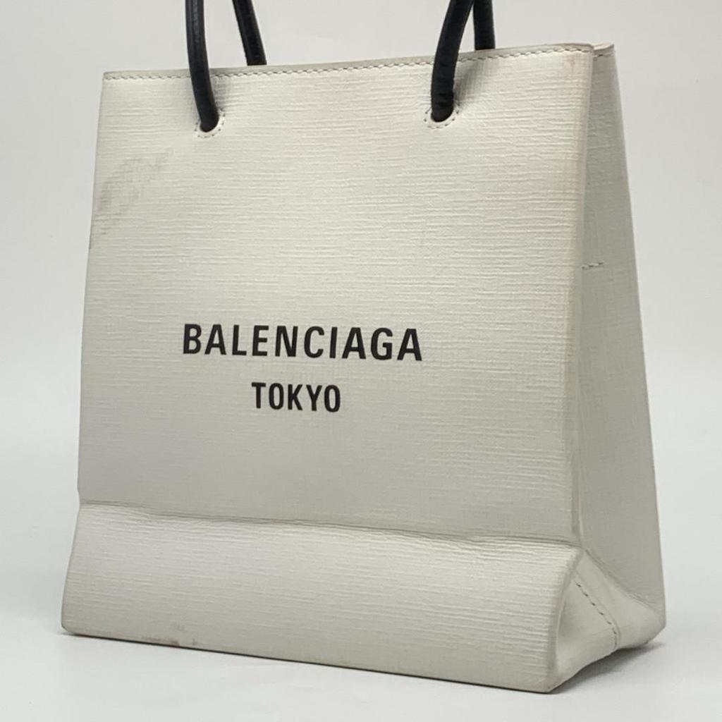 BALENCIAGA Aoyama Limited Shopping Tote Bag XXS Handbag Shoulder Calfskin Leather White Black 2WAY Logo Print Unisex Women's Men's