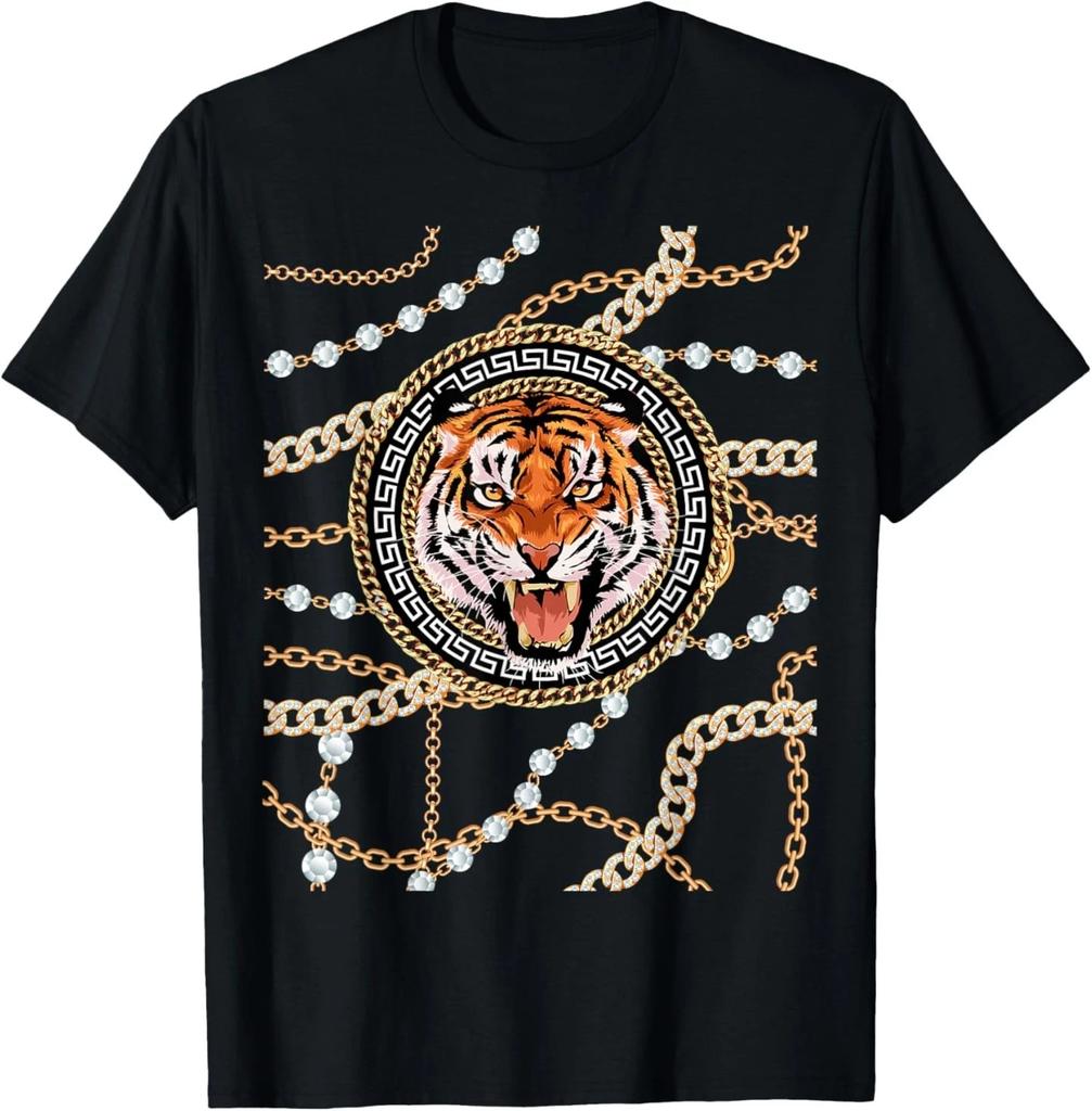 Rich Wild Tiger with Printed Gold Chains & Diamonds Style T- Shirt