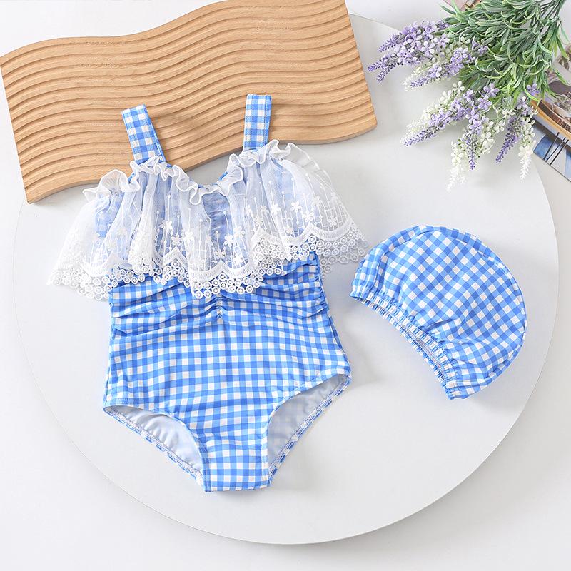 2026 Princess Plaid Quick-Dry One-Piece Swimsuit for Girls Size 90