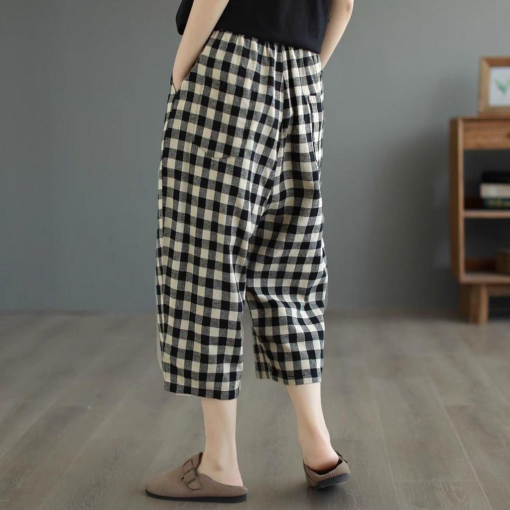 Women's Retro Plaid High-Waisted Wide-Leg Cropped Pants - Summer Lightweight Style