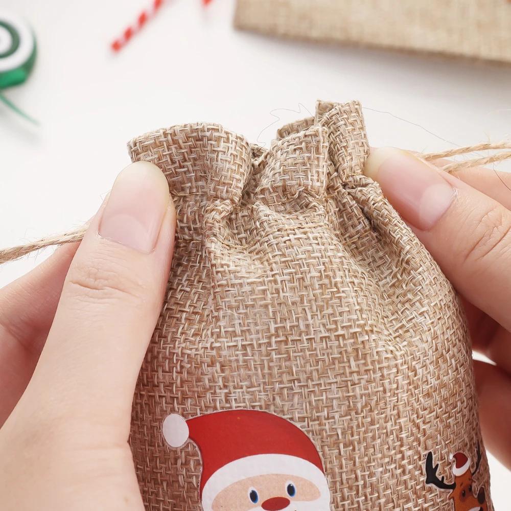 1/30pcs Mini Christmas Drawstring Gift Bags Linen Santa Claus Elk Candy Biscuit Storage Bags Kids New Year Party Packaging Pouch