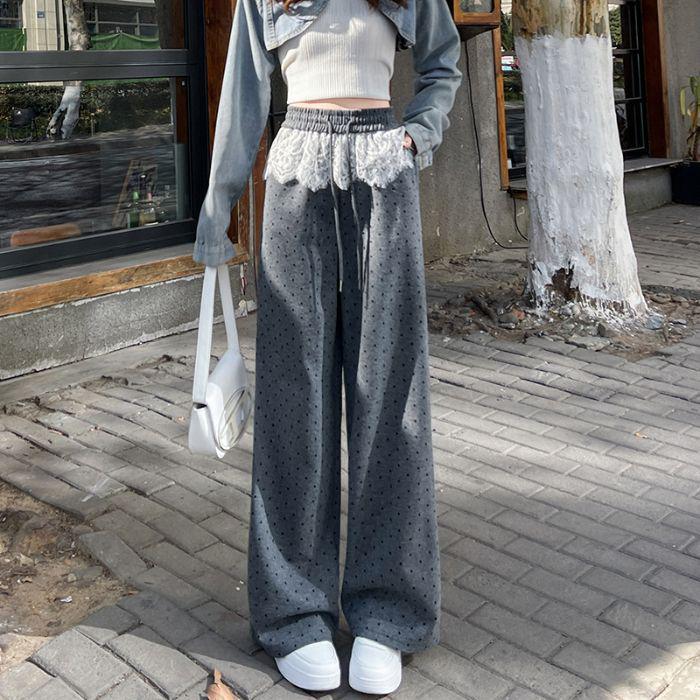 

Кружевные лоскутные брюки в горошек с широкими штанинами: Женский 2025 Весна/Осень Свободный Повседневный Прямой Дизайн в Пол Extra Large серый