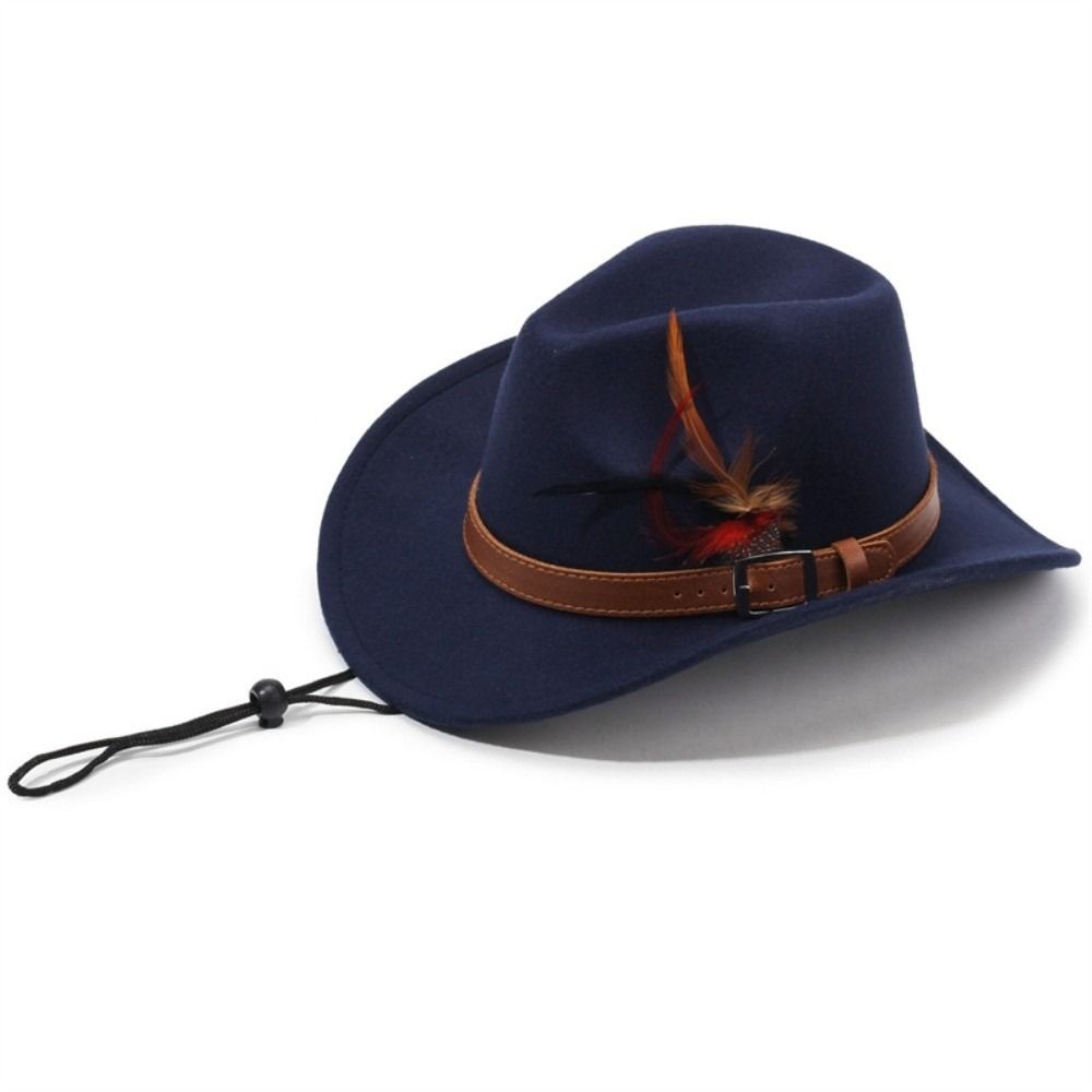 Mode mit Gürtelschnalle Filz Fedora Hüte Breiter Rand Feder Show Jazzhut Wollfilz Cowboyhut Herren Damen
