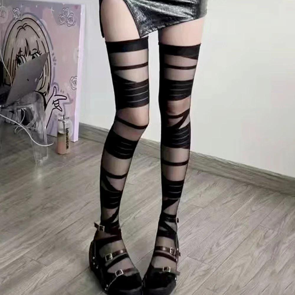 Y2K Hollow Out Stockings Women Punk Sexy Tights Leggings Jk Lolita Over The Knee Hosiery Female Broken Hole Fishnets Long Sock
