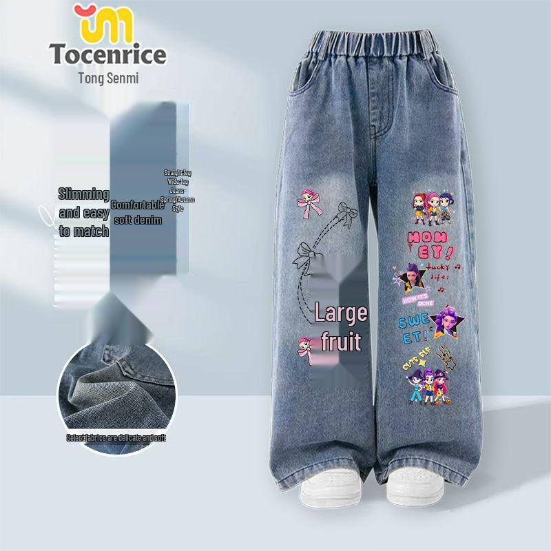 

2025 Stylish Girls Demon Hunter Team Jeans with Fleece Lining, Thickened for Autumn/Winter – Straight, Wide Leg Pants 150 (Height: 135-145 cm)