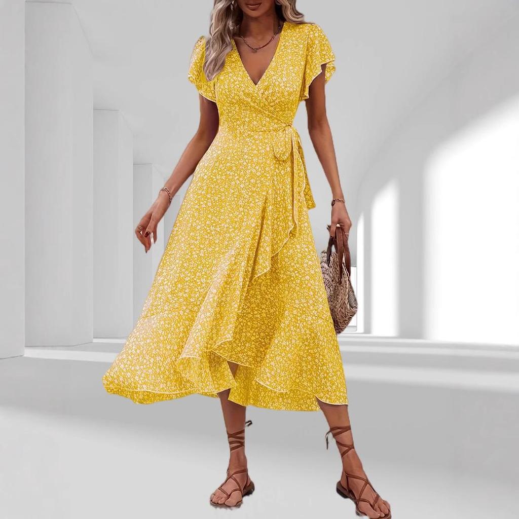 Bohemian V-Neck Belted Wrap Maxi Dress for Women