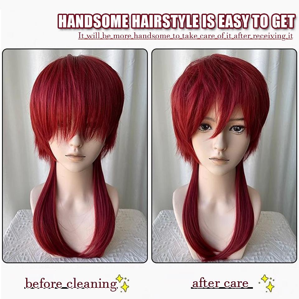 WTB Red Wolf Tail Hair Synthetic Wig Unisex Cosplay Cartoon Fluffy Handsome Red Long Hair Wolf Tail Hair Layered Wig