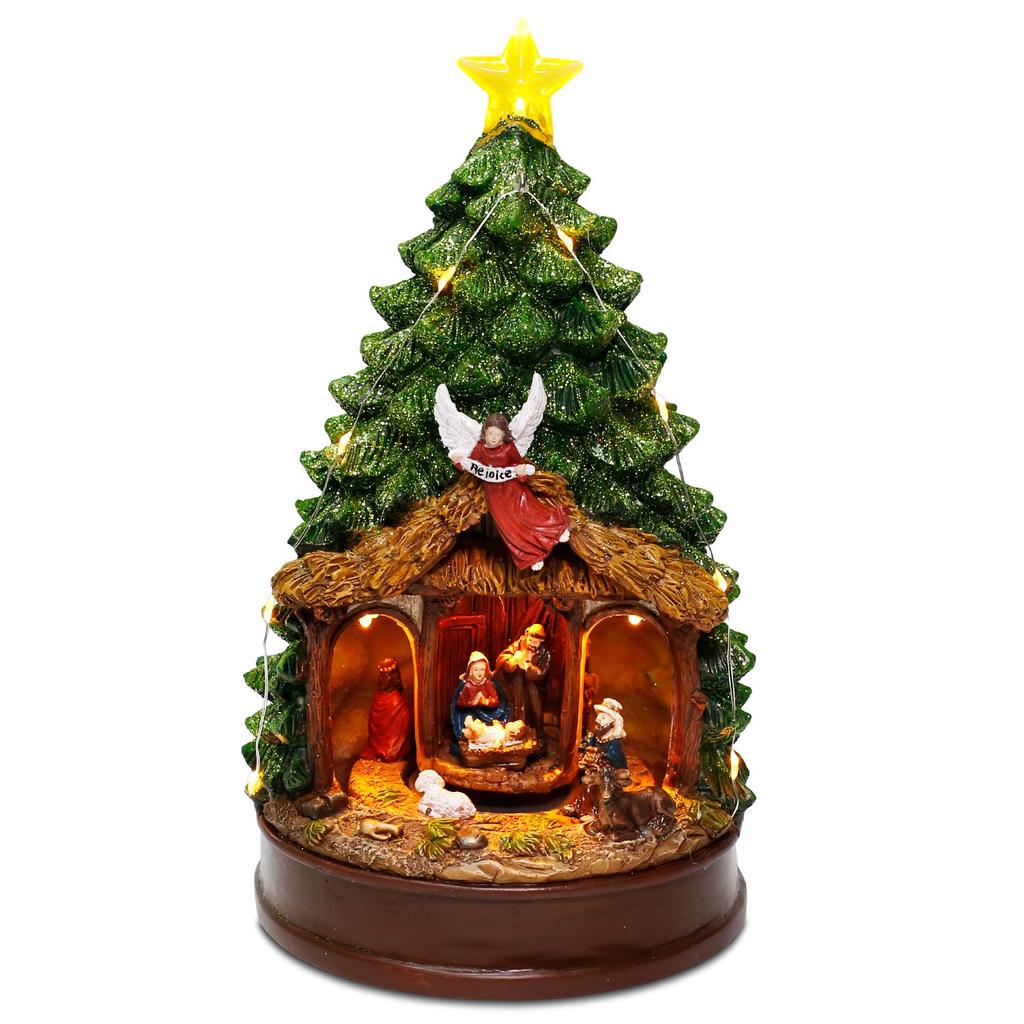 Animated Lighted Nativity Scene Christmas Tree Topper with Star And Angel Collectible Building Figurines for Home Holiday Decor