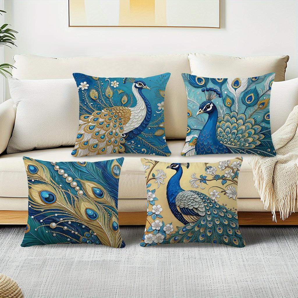 1/4pcs Bohemian Peacock Throw Pillow Covers Vintage Blue Gold Decorative Cushion Cases for Home Living Room Bedroom Sofa