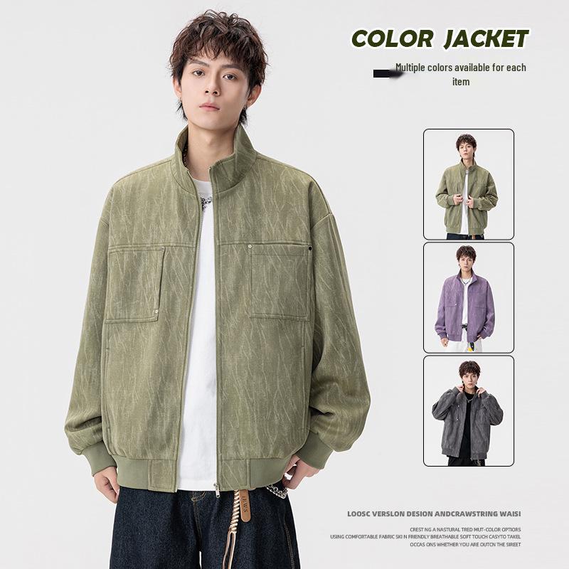 Men's Plus Size Stand Collar Retro Jacket - 2026 Autumn Collection, Trendy Loose Fit Casual Wear