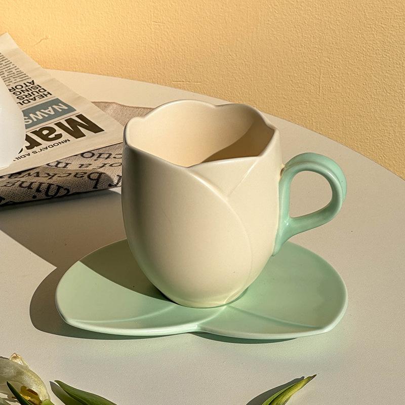 300ml Flower Mark Ceramic Cup And Plate Set Vintage Tulip Coffee Cup High Beauty Exquisite Pink Red Afternoon Tea Cup 300ml