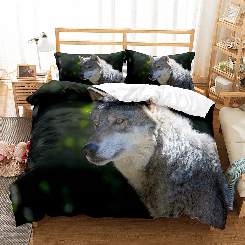 Boys Wolf Duvet Cover Set Queen Size, Boho Wolf Wildlife Forest King Animal Bedding Set Polyester Quilt Cover With Pillowcase
